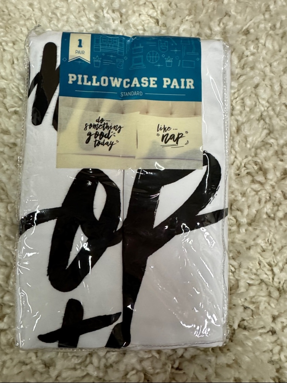 White Pillowcase Pair with Black Script Accent - Standard